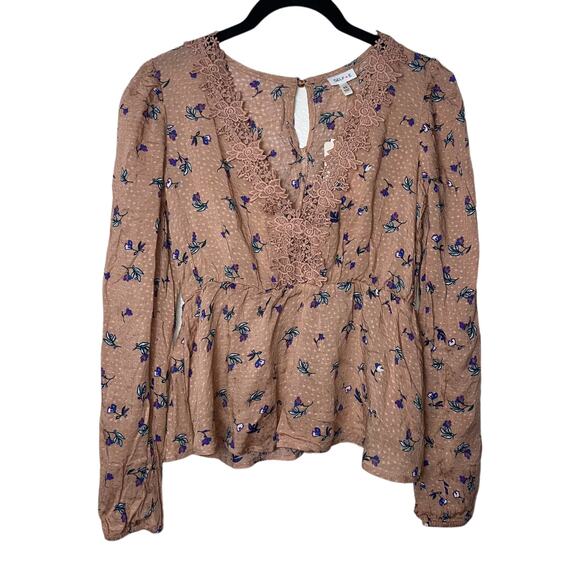 NWT Self Esteem peplum long-sleeved Top floral women’s size XS tan - Picture 1 of 16
